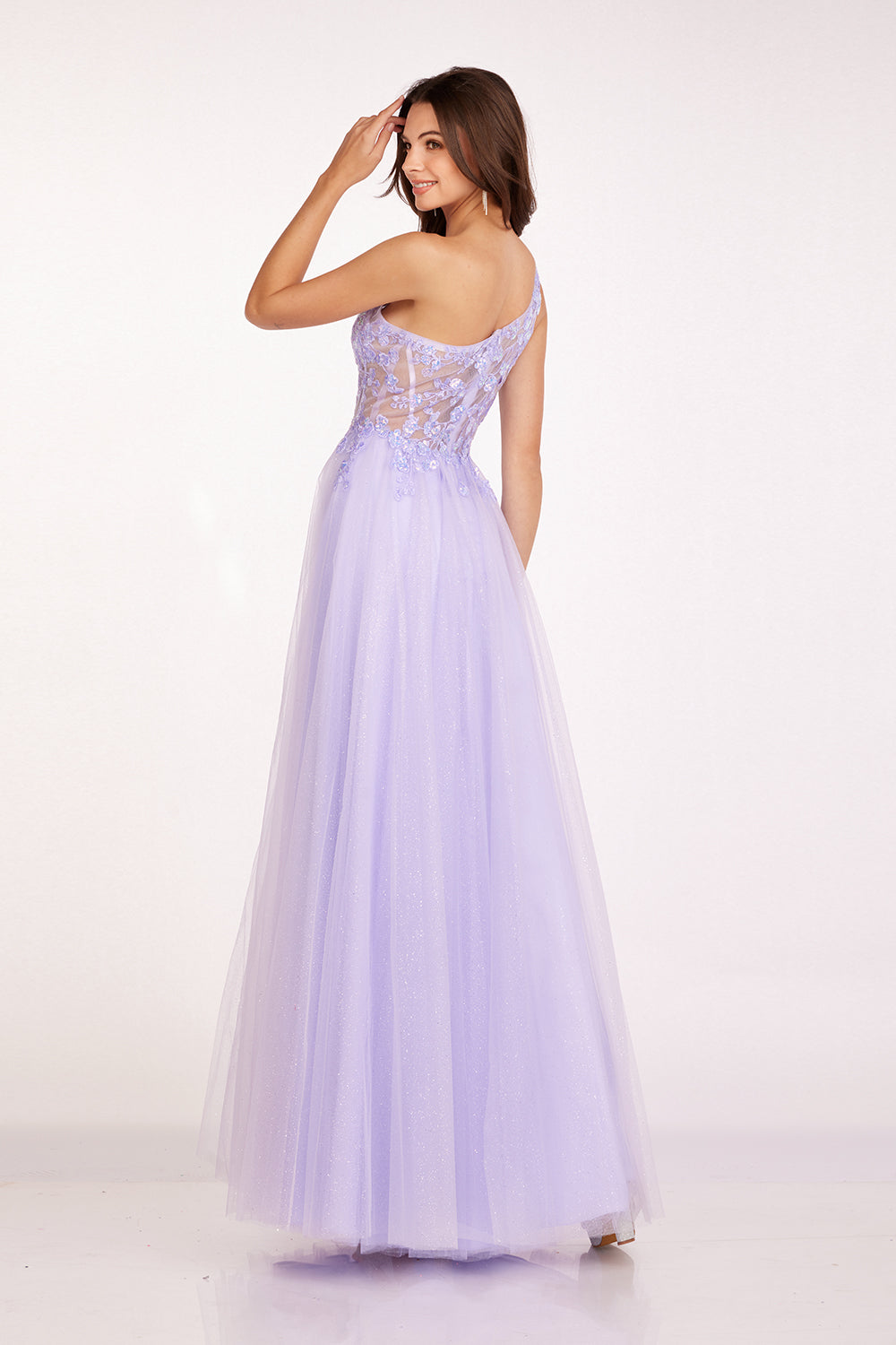 One Shoulder Tulle A-line Slit Gown by Abby Paris 90234