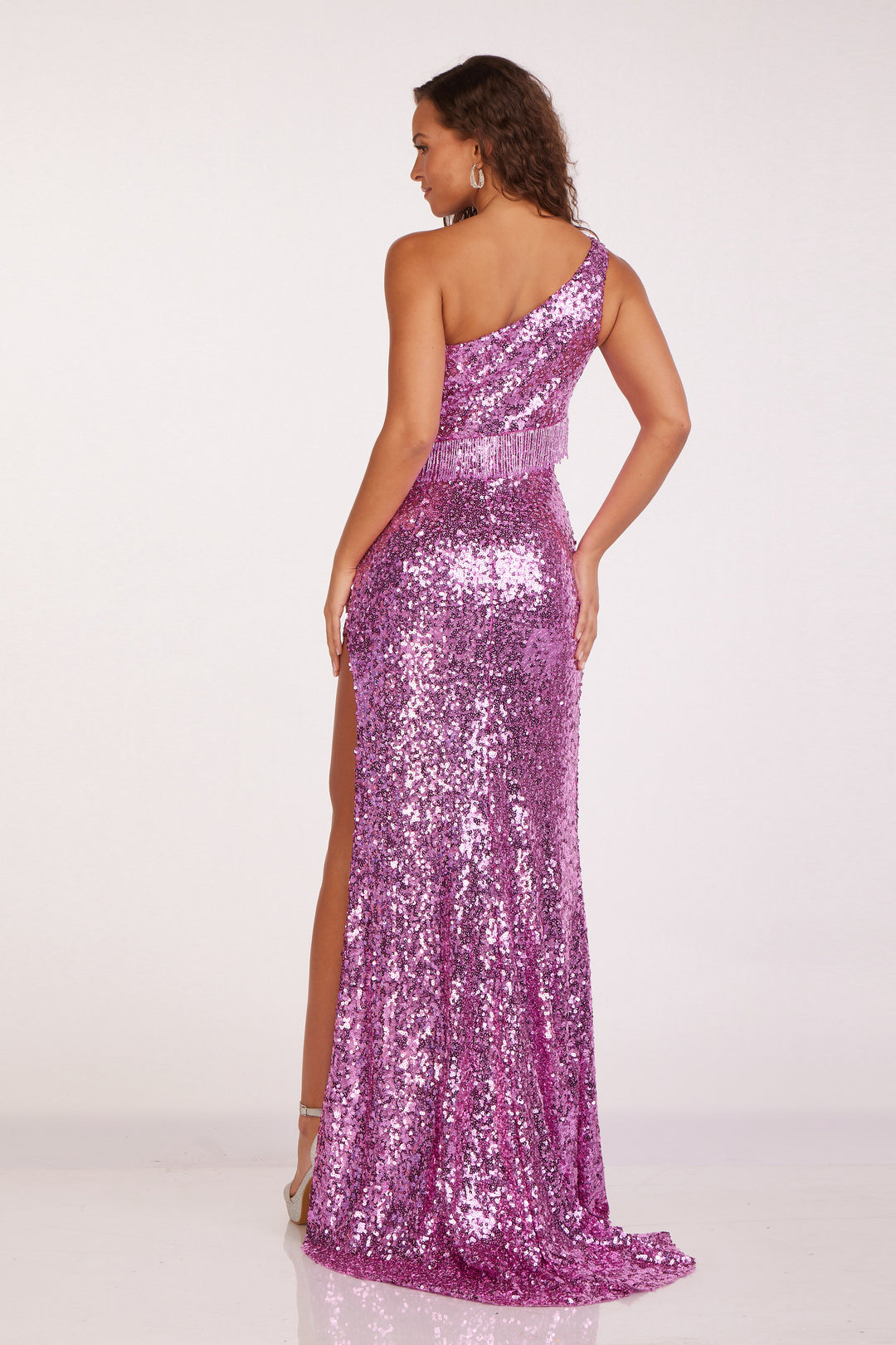 Sequin One Shoulder Fringe Gown by Abby Paris 90235