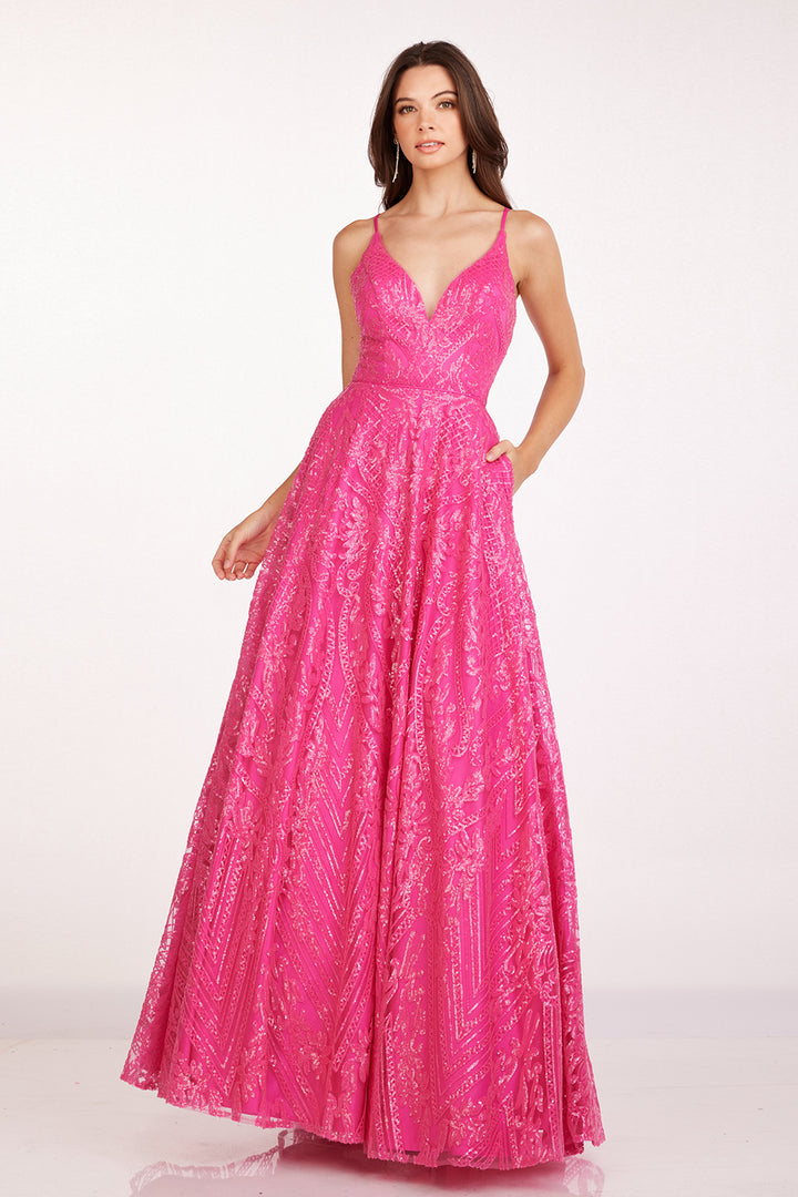 Sequin Print V-Neck A-line Gown by Abby Paris 90243