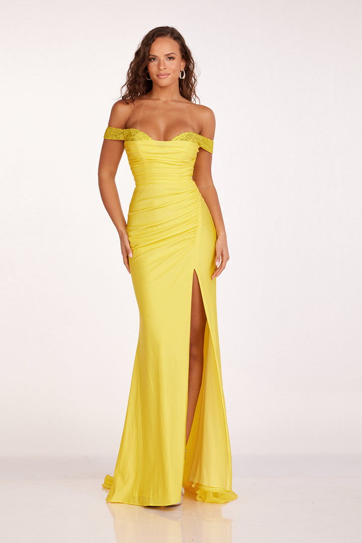 Jersey Off Shoulder Slit Gown by Abby Paris 90246