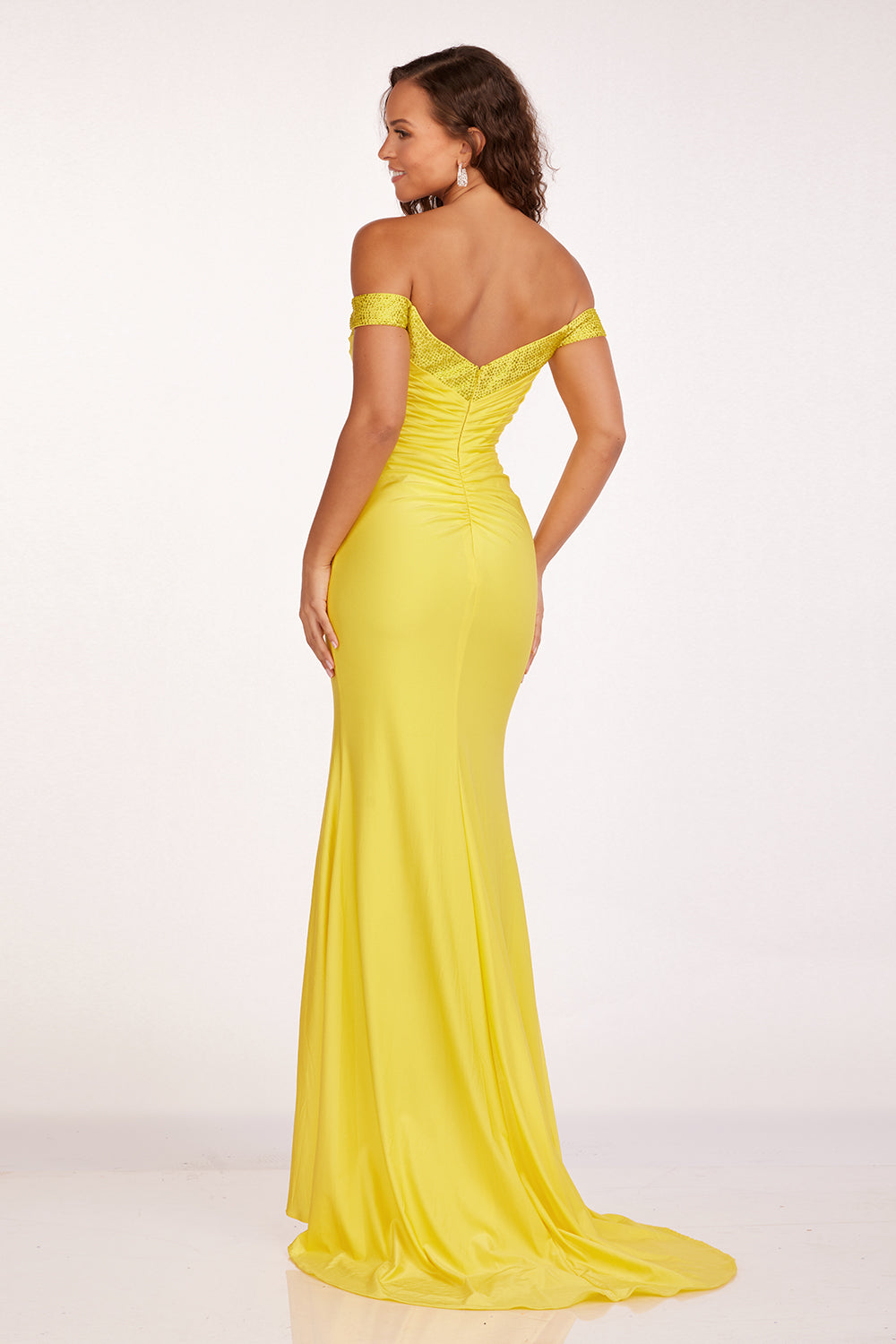 Jersey Off Shoulder Slit Gown by Abby Paris 90246