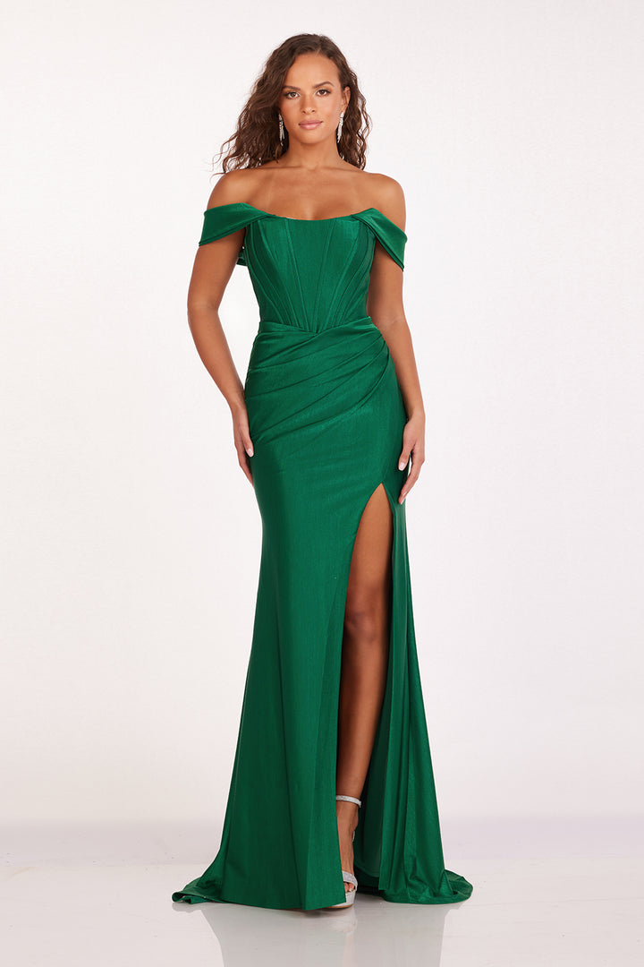 Off Shoulder Corset Slit Gown by Abby Paris 90252