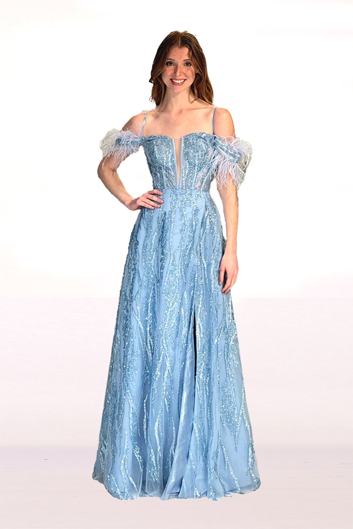 Glitter Feather Cold Shoulder Gown by Abby Paris 90270