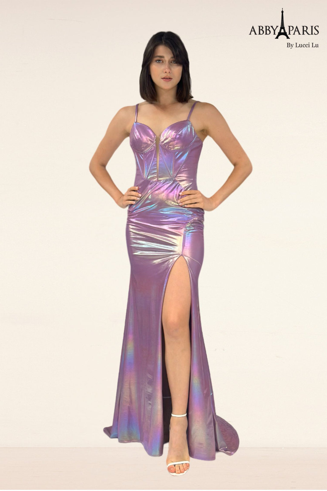 Metallic Sleeveless Slit Gown by Abby Paris 90283