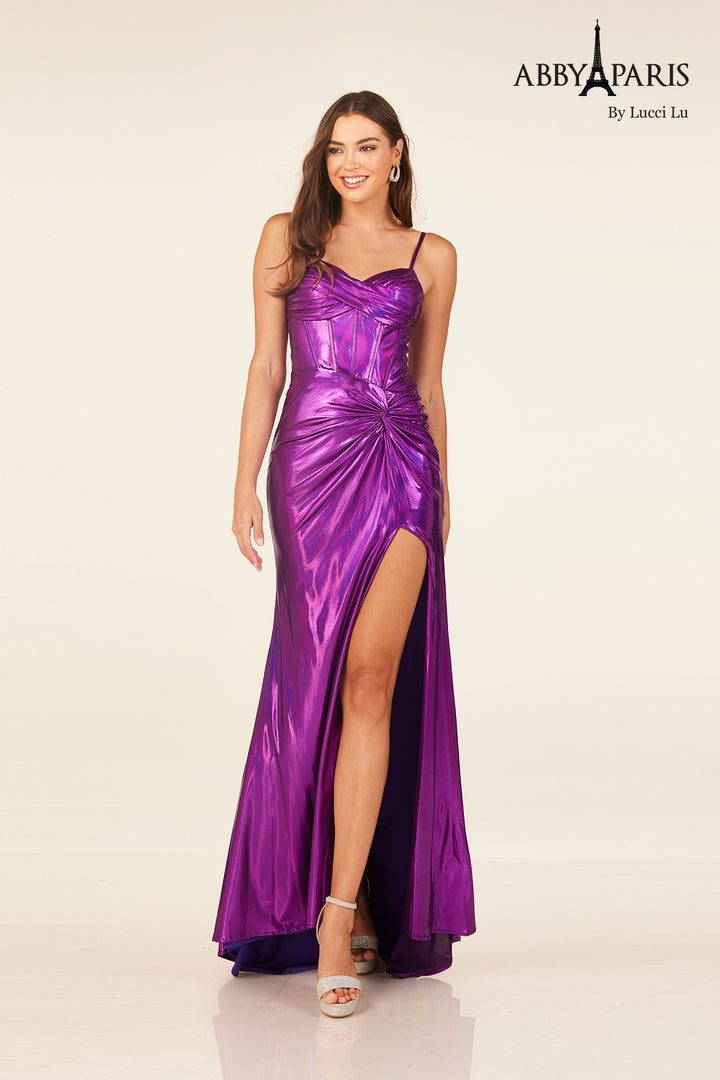 Metallic Sleeveless Slit Gown by Abby Paris 90287