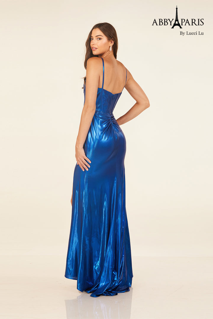 Metallic Fitted Bustier Slit Gown by Abby Paris 90288