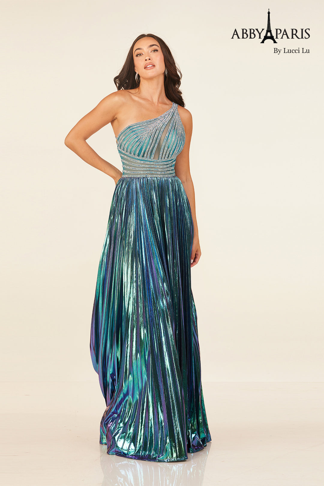 Metallic One Shoulder Slit Gown by Abby Paris 90289