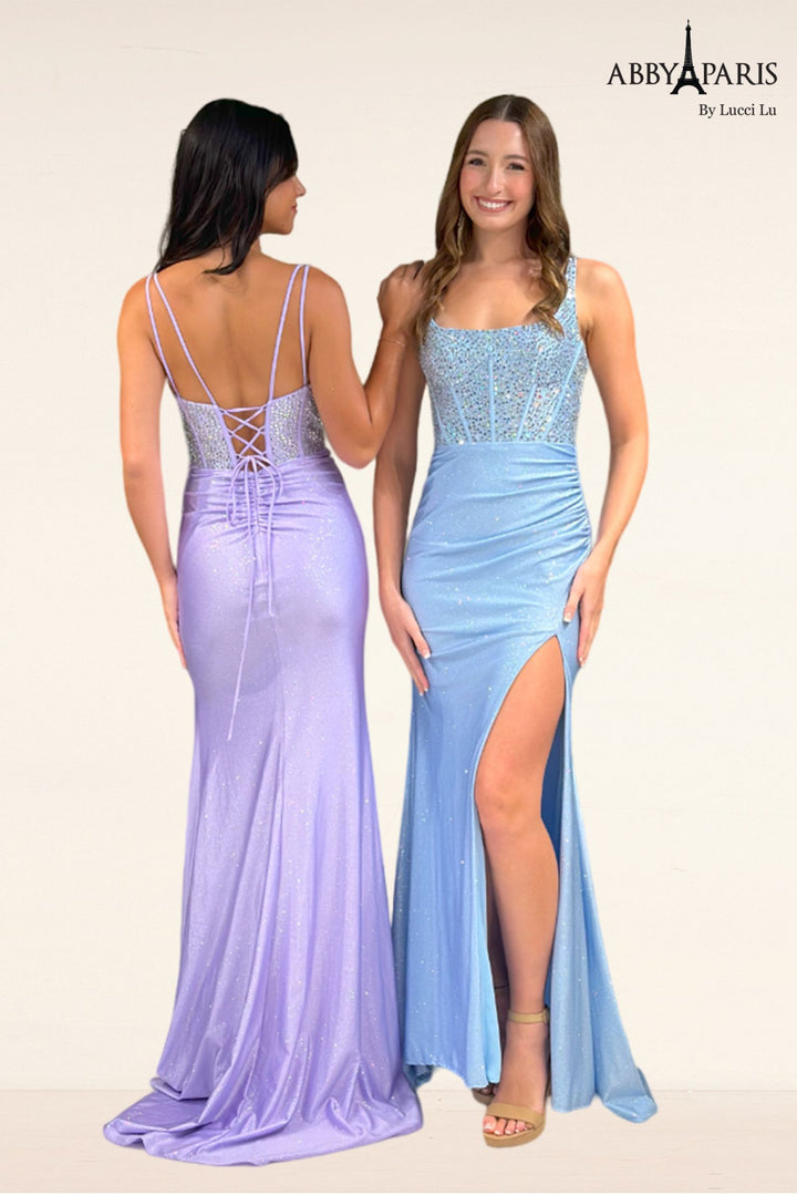 Beaded Glitter Corset Slit Gown by Abby Paris 90298