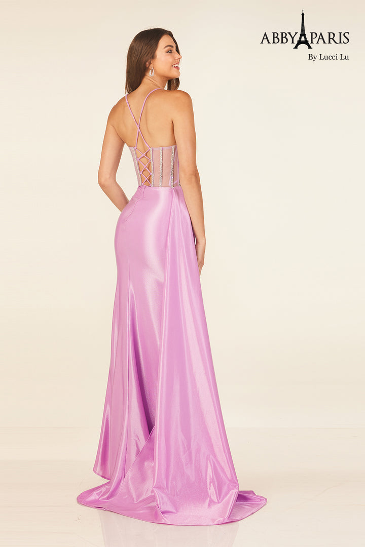 Beaded Satin Sleeveless Slit Gown by Abby Paris 90310