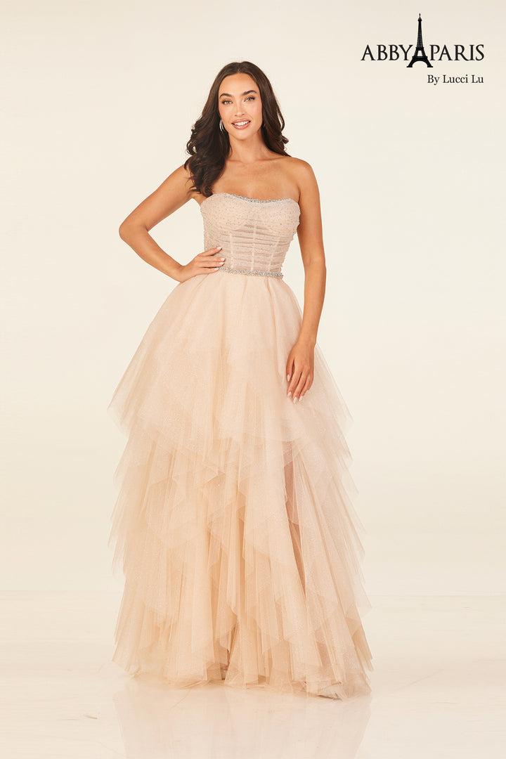 Strapless A-line Ruffled Gown by Abby Paris 90325