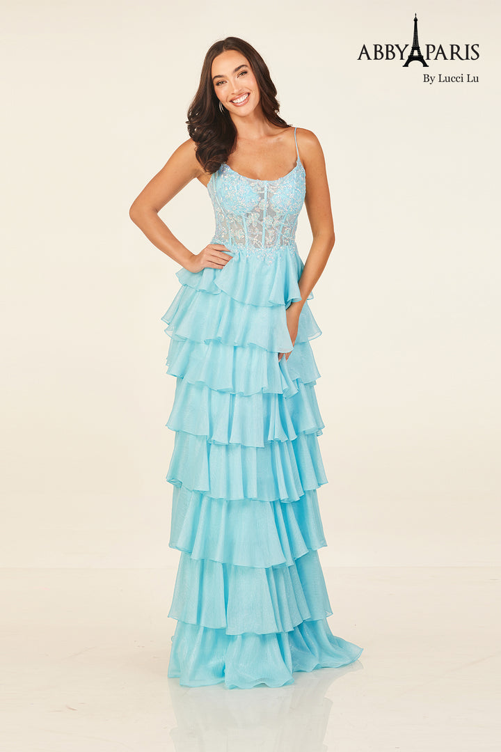 Applique Corset Tiered Gown by Abby Paris 90326