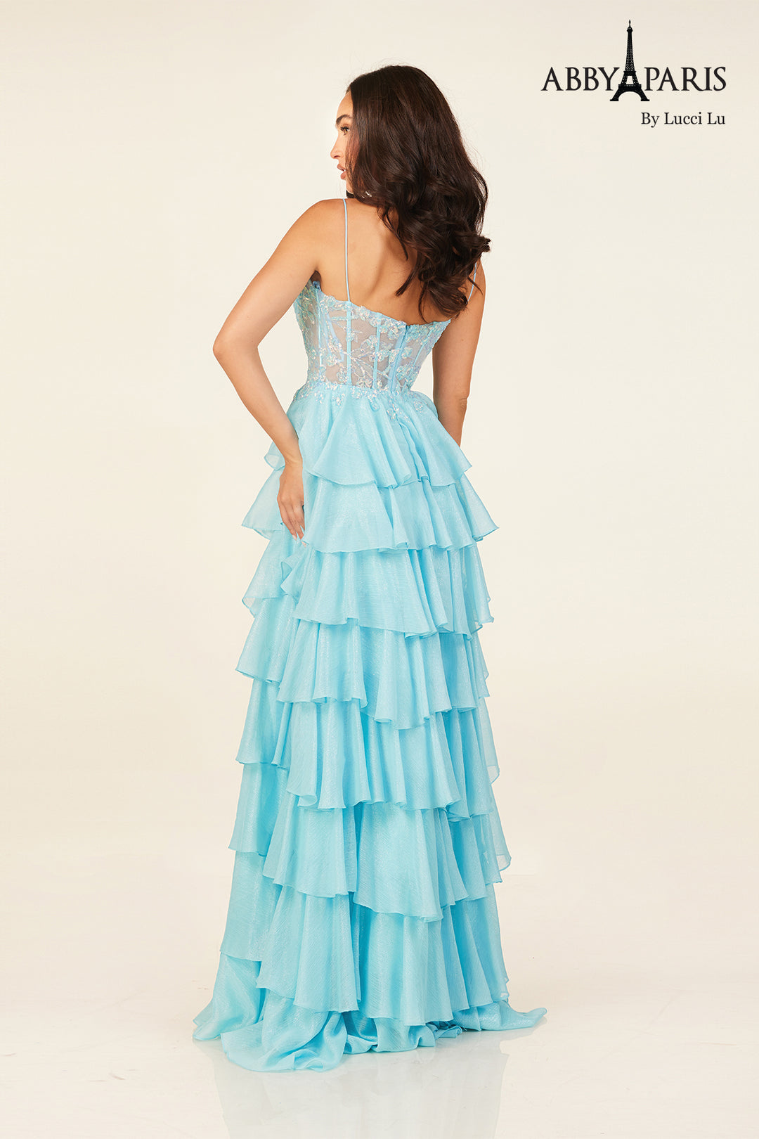 Applique Corset Tiered Gown by Abby Paris 90326