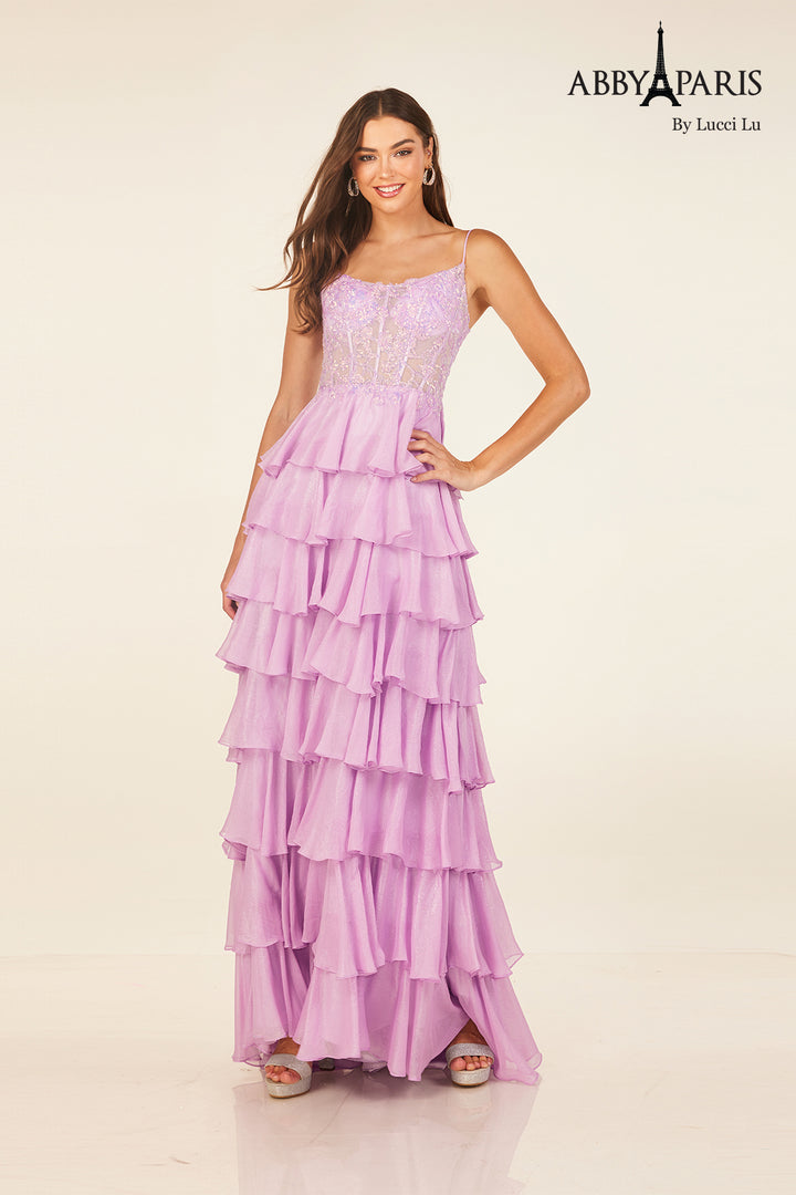 Applique Corset Tiered Gown by Abby Paris 90326