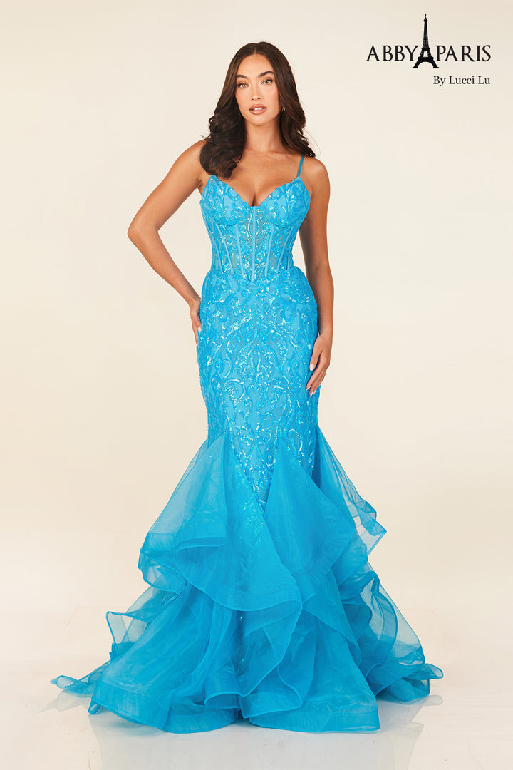 Sleeveless Ruffled Mermaid Gown by Abby Paris 90331