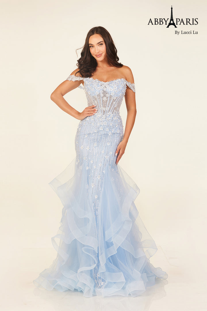 Off Shoulder Ruffled Gown by Abby Paris 90333