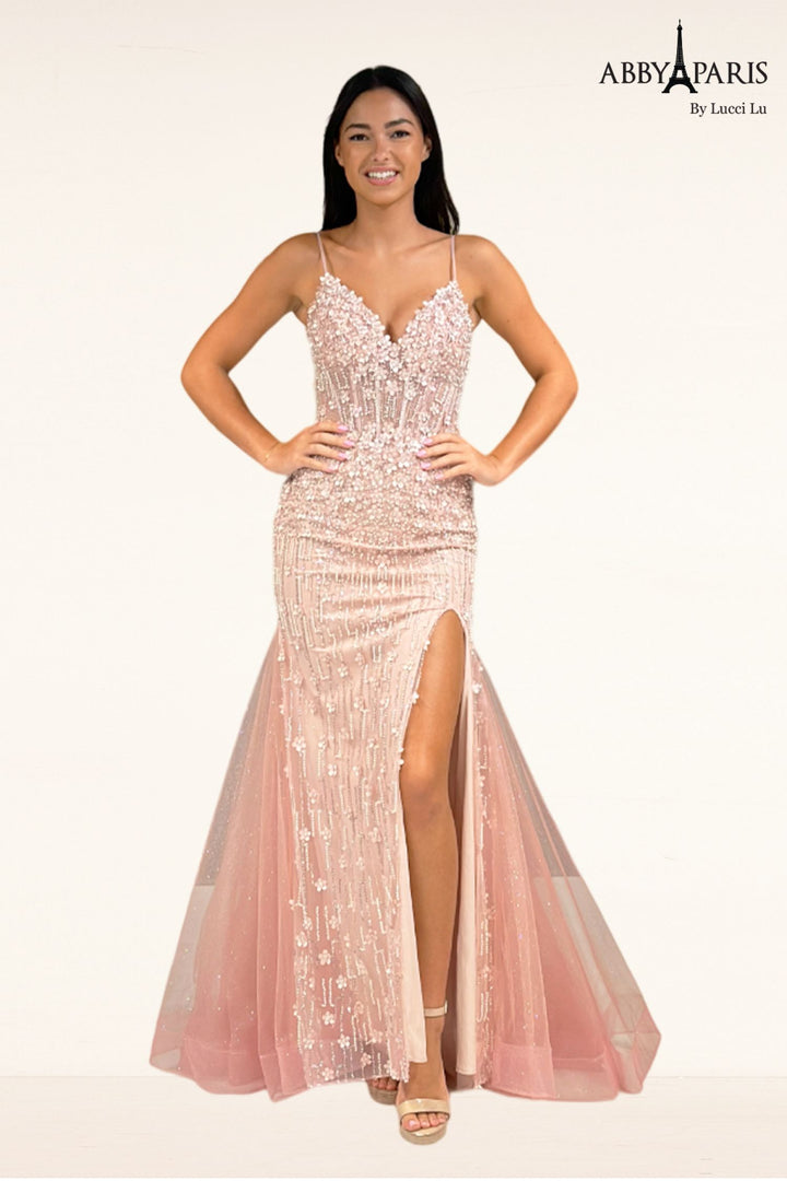 Beaded Fitted V-Neck Slit Gown by Abby Paris 90334