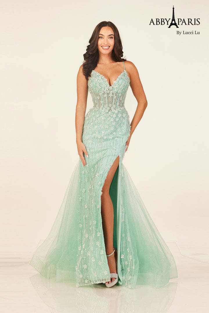 Beaded Fitted V-Neck Slit Gown by Abby Paris 90334