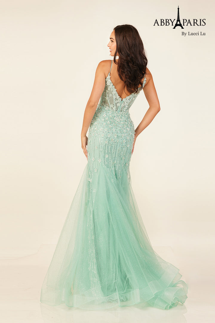 Beaded Fitted V-Neck Slit Gown by Abby Paris 90334