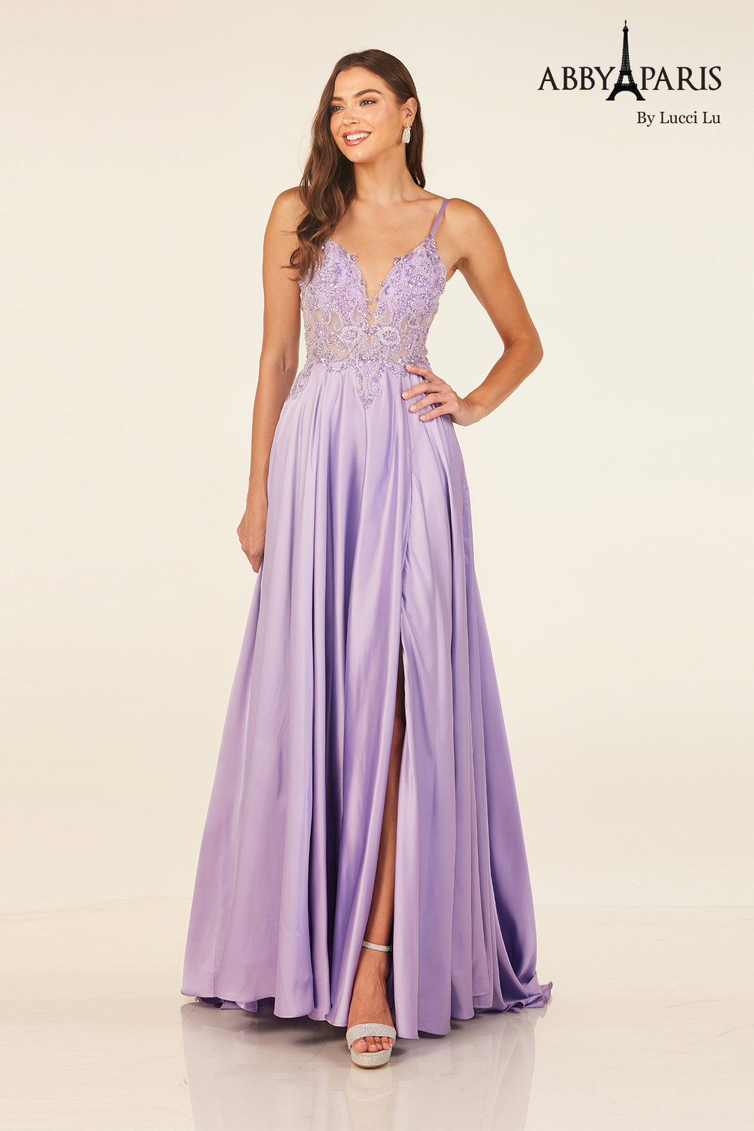 Satin Sleeveless A-line Slit Gown by Abby Paris 90339