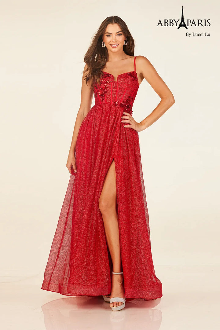 Glitter Sleeveless A-line Slit Gown by Abby Paris 90344