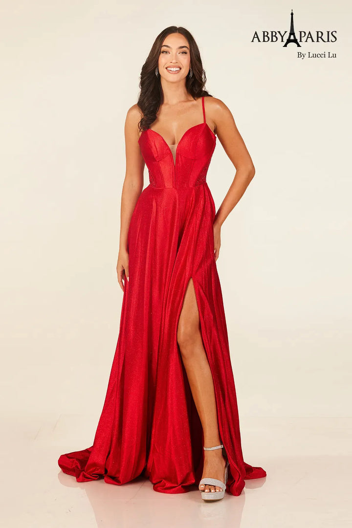 Glitter Corset A-line Slit Gown by Abby Paris 90346