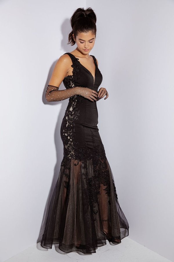 Satin Glitter Tulle Fitted V-Neck Gown by Eureka 9060