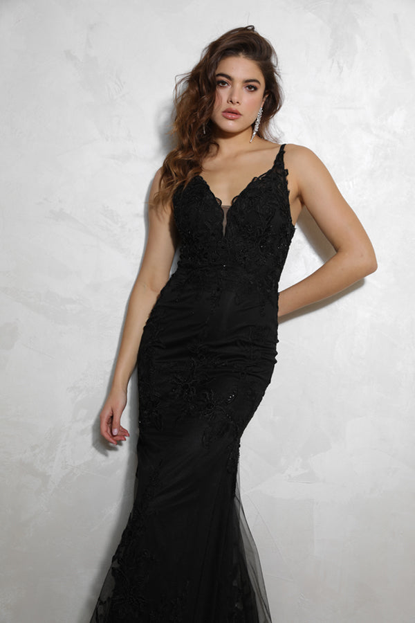 Applique Satin Fitted V-Neck Gown by Eureka 9130