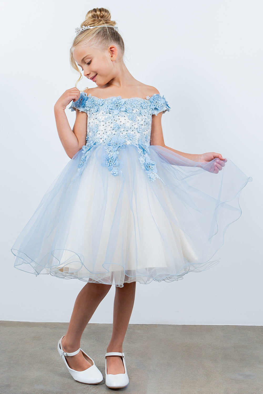 Girls 3D Floral Short Off Shoulder Dress by Cinderella Couture 9130