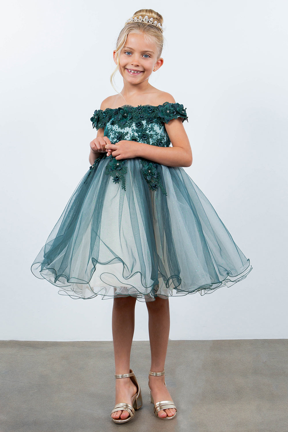 Girls 3D Floral Short Off Shoulder Dress by Cinderella Couture 9130