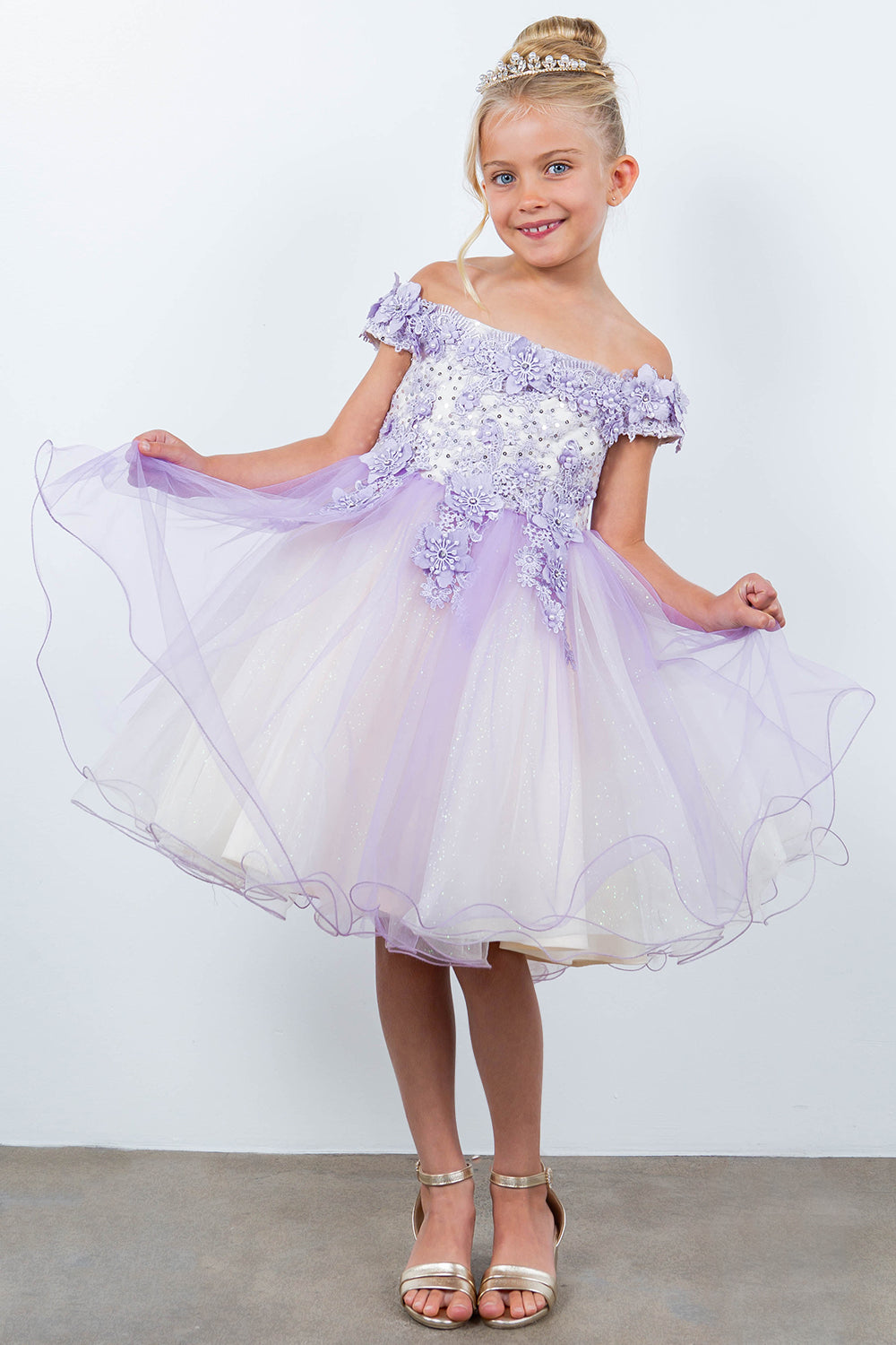 Girls 3D Floral Short Off Shoulder Dress by Cinderella Couture 9130