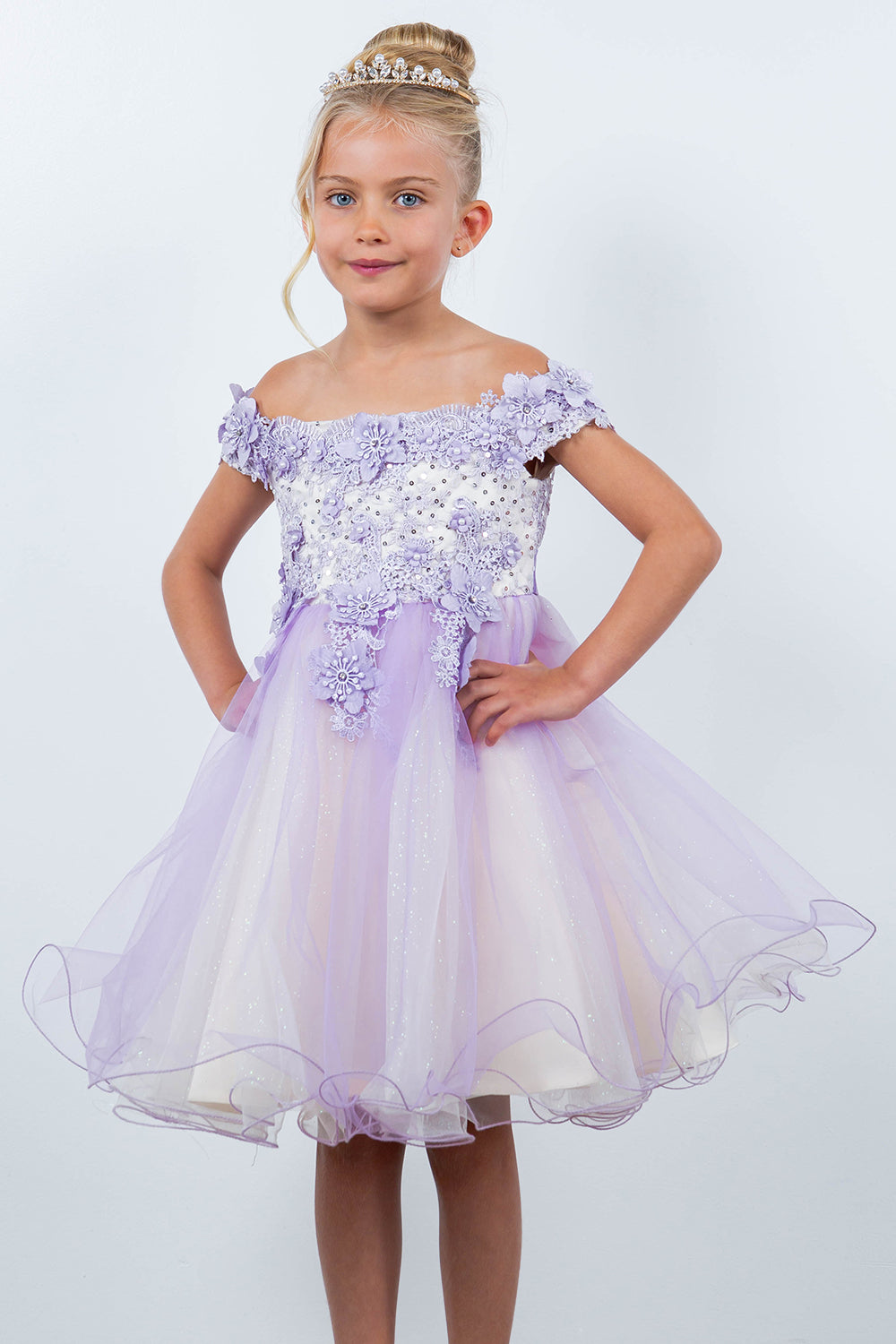 Girls 3D Floral Short Off Shoulder Dress by Cinderella Couture 9130