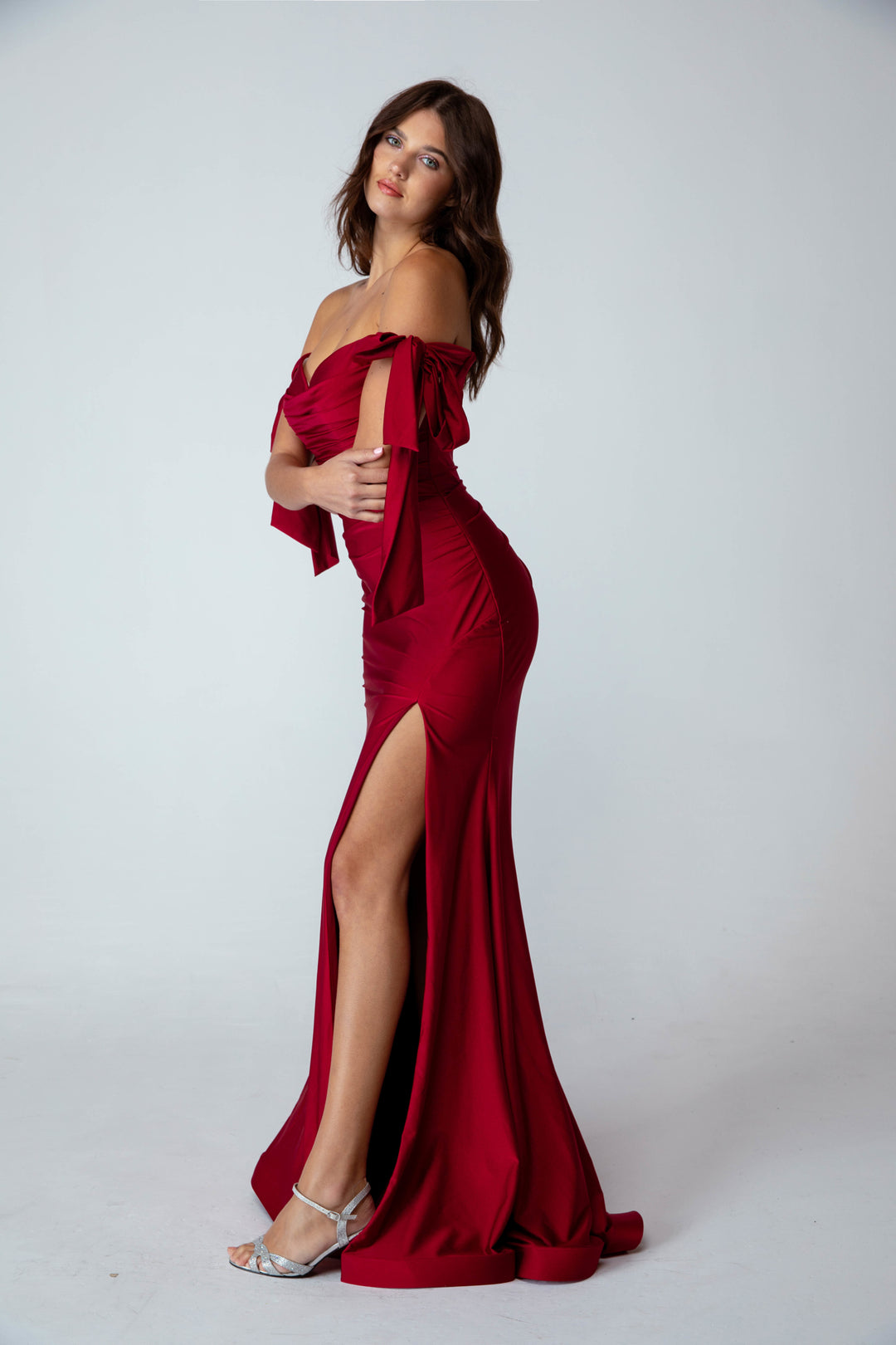 Jersey Fitted Cold Shoulder Slit Gown by Eureka 9181