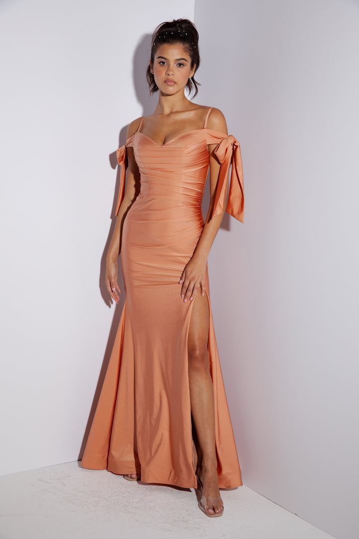 Jersey Fitted Cold Shoulder Slit Gown by Eureka 9181