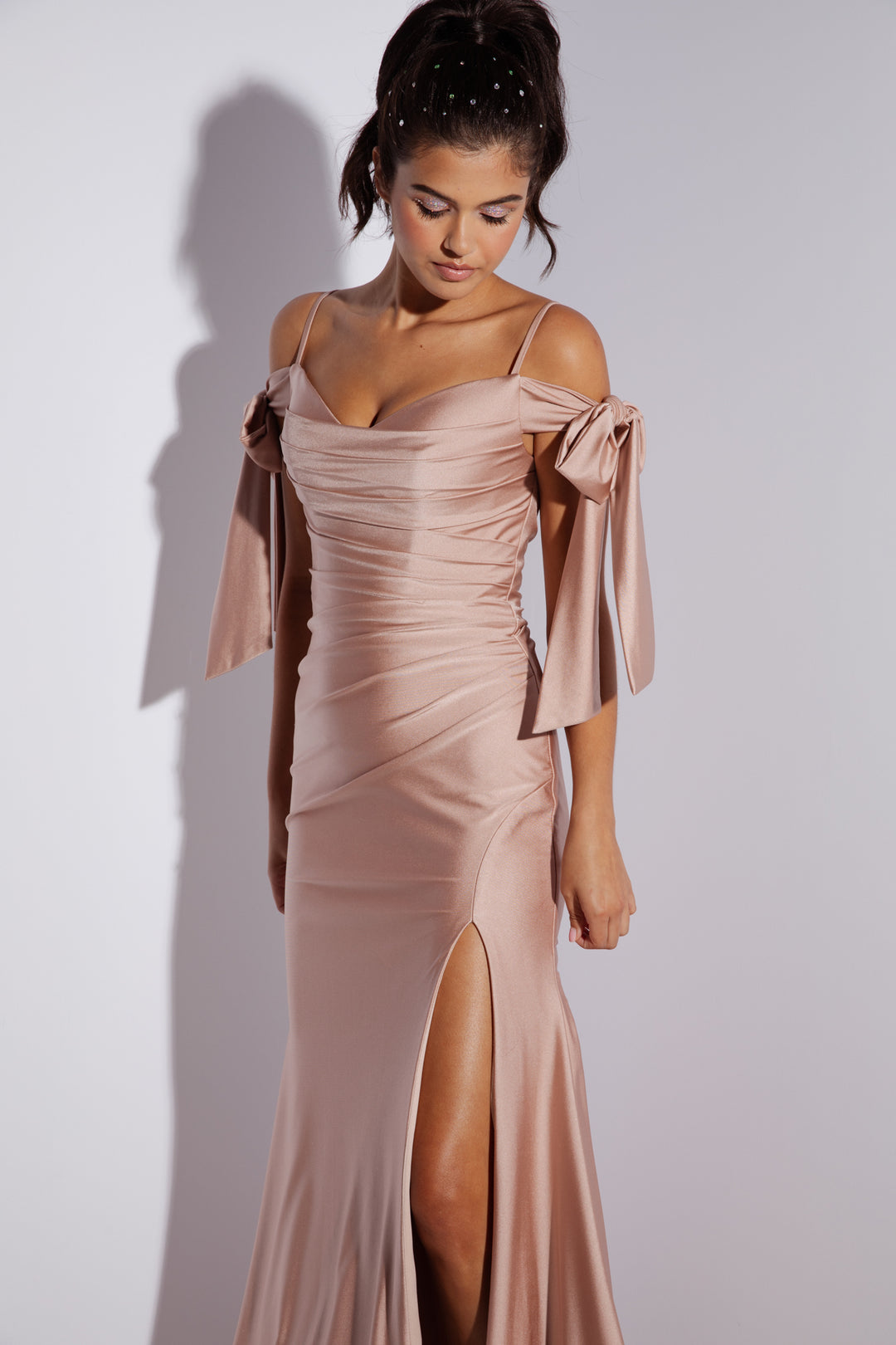 Jersey Fitted Cold Shoulder Slit Gown by Eureka 9181