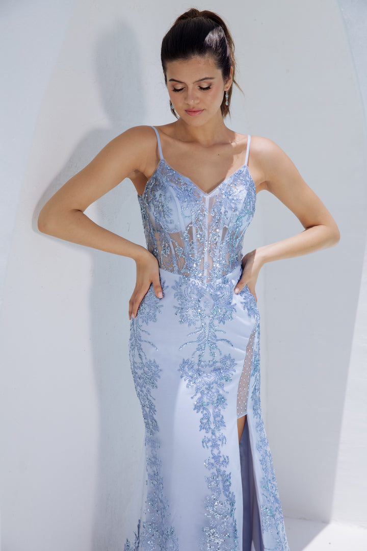 Glitter Print Fitted Sweetheart Slit Gown by Eureka 9188