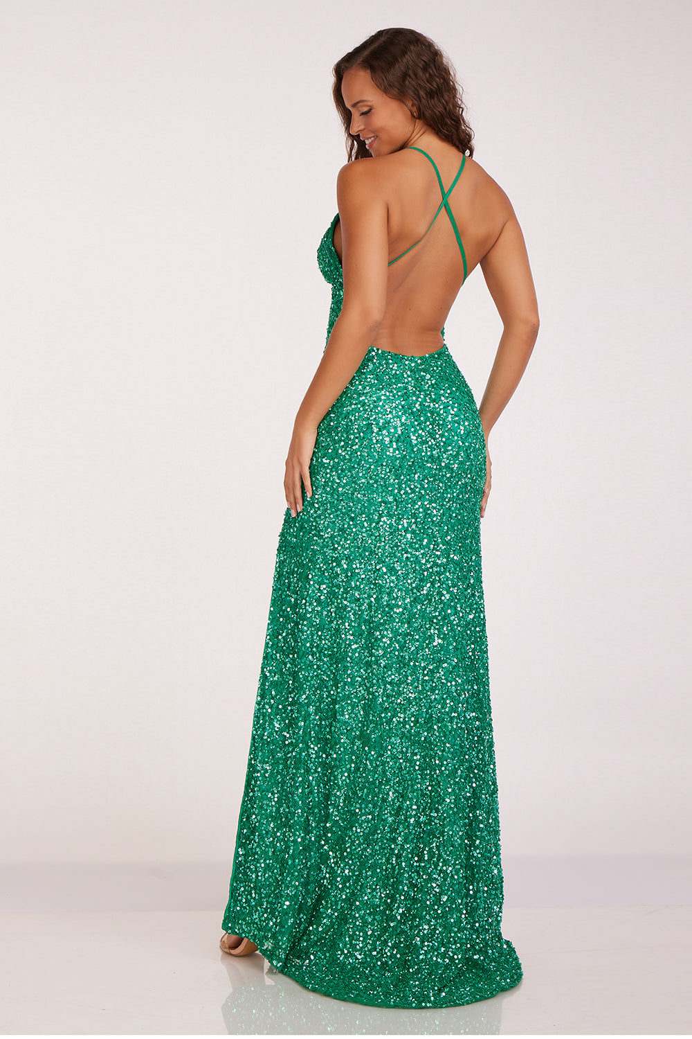 Sequin Fitted V-Neck Slit Gown by Abby Paris 92113