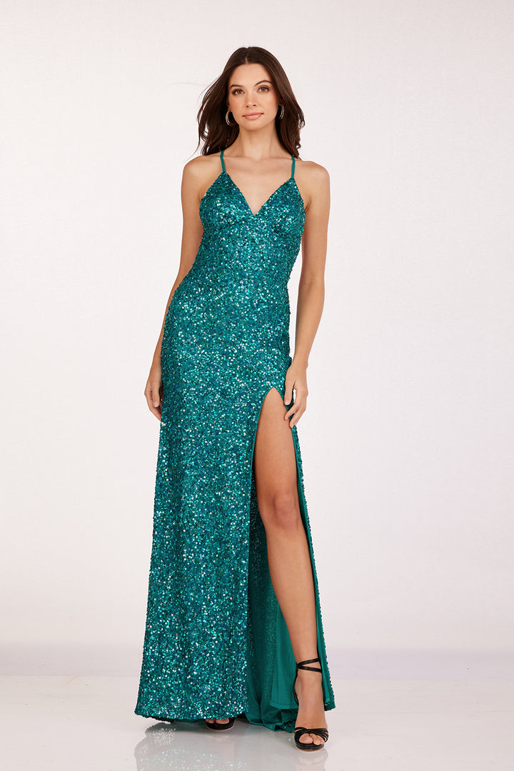 Sequin Fitted V-Neck Slit Gown by Abby Paris 92113