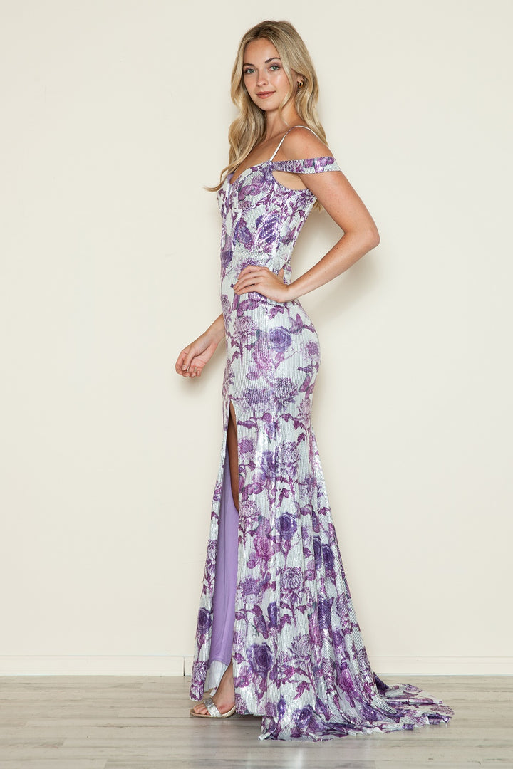 Sequin Print Off Shoulder Slit Gown by Poly USA 9444