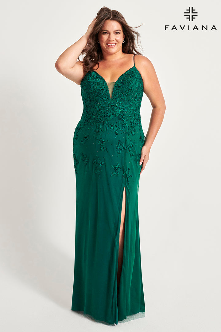 Plus Size Fitted Applique Tulle Gown by Faviana 9539