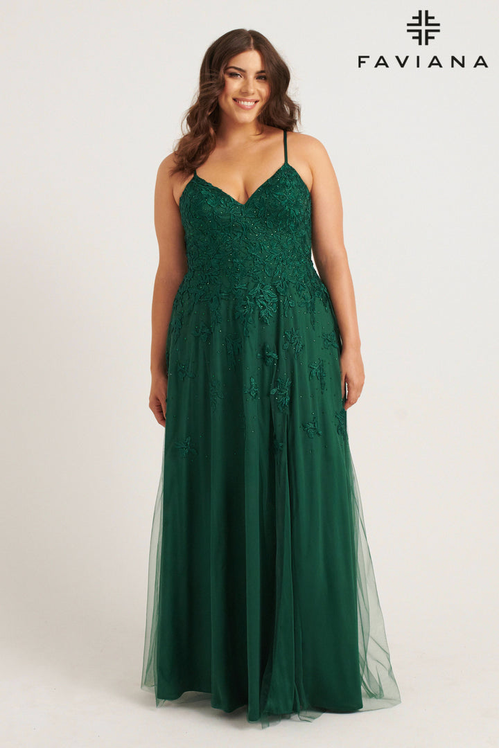 Plus Size Applique Tulle A-line Gown by Faviana 9552