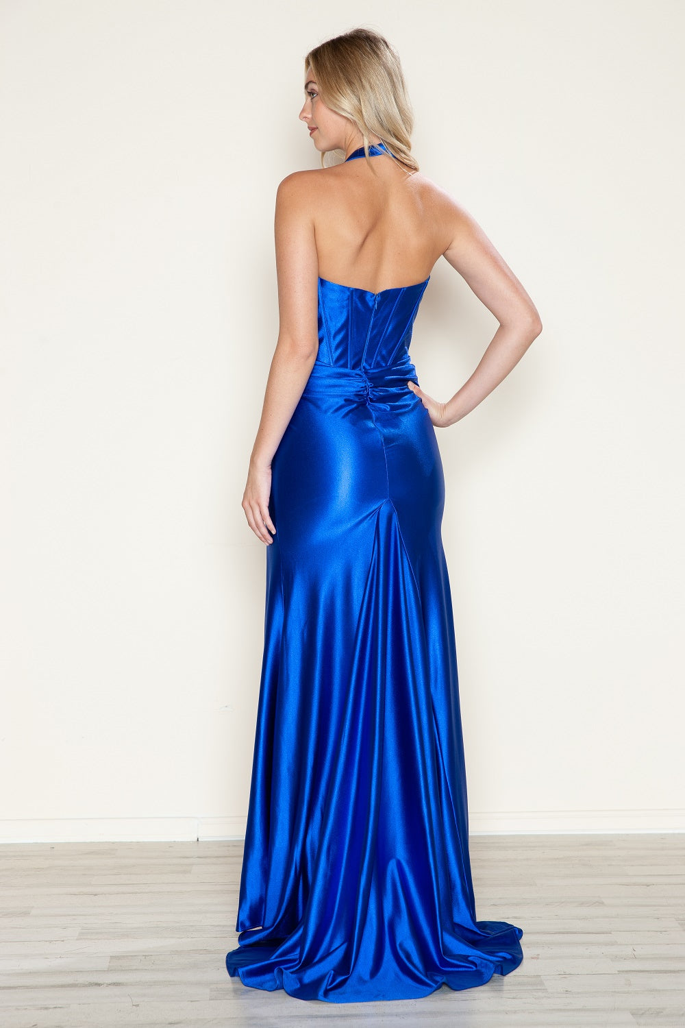 Satin Fitted Halter Slit Gown by Poly USA 9562