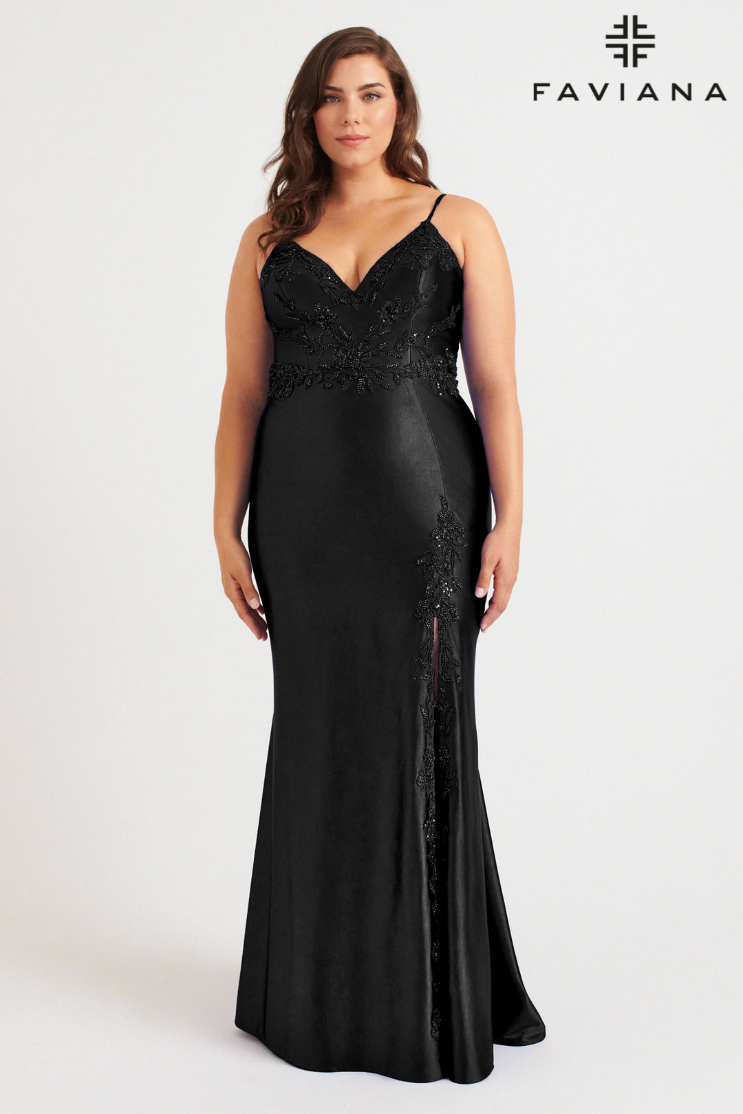 Plus Size Satin Fitted V-Neck Gown by Faviana 9562