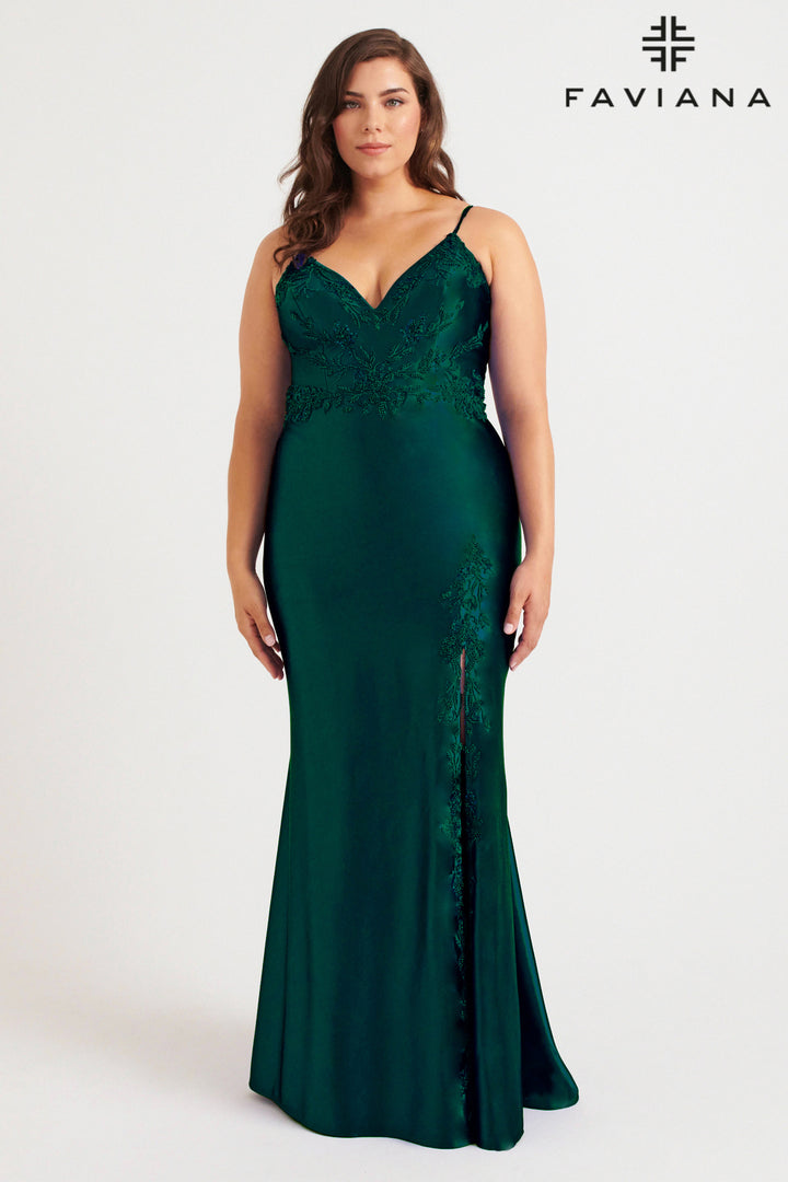 Plus Size Satin Fitted V-Neck Gown by Faviana 9562