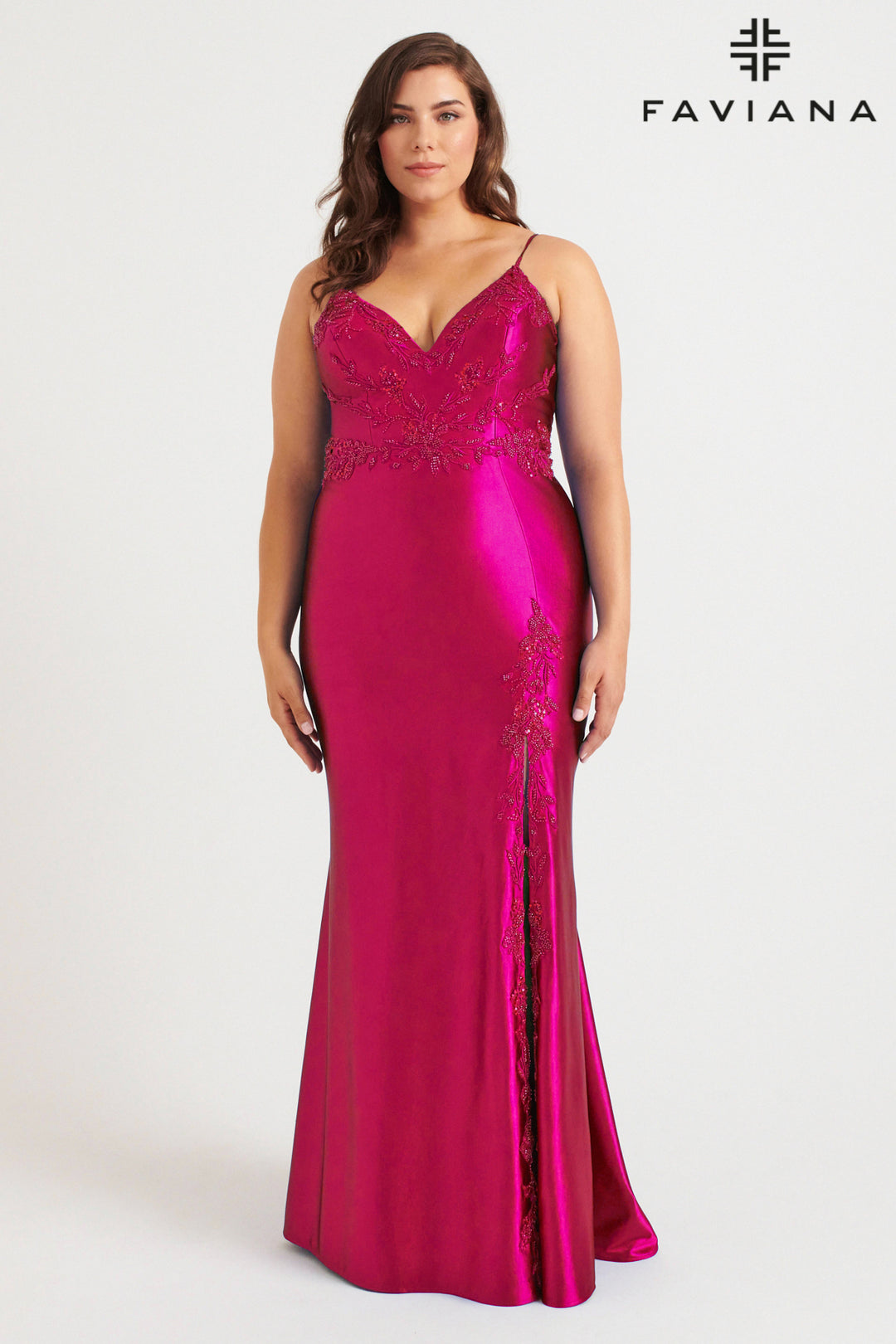 Plus Size Satin Fitted V-Neck Gown by Faviana 9562