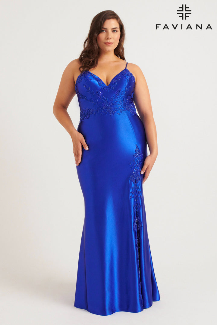 Plus Size Satin Fitted V-Neck Gown by Faviana 9562