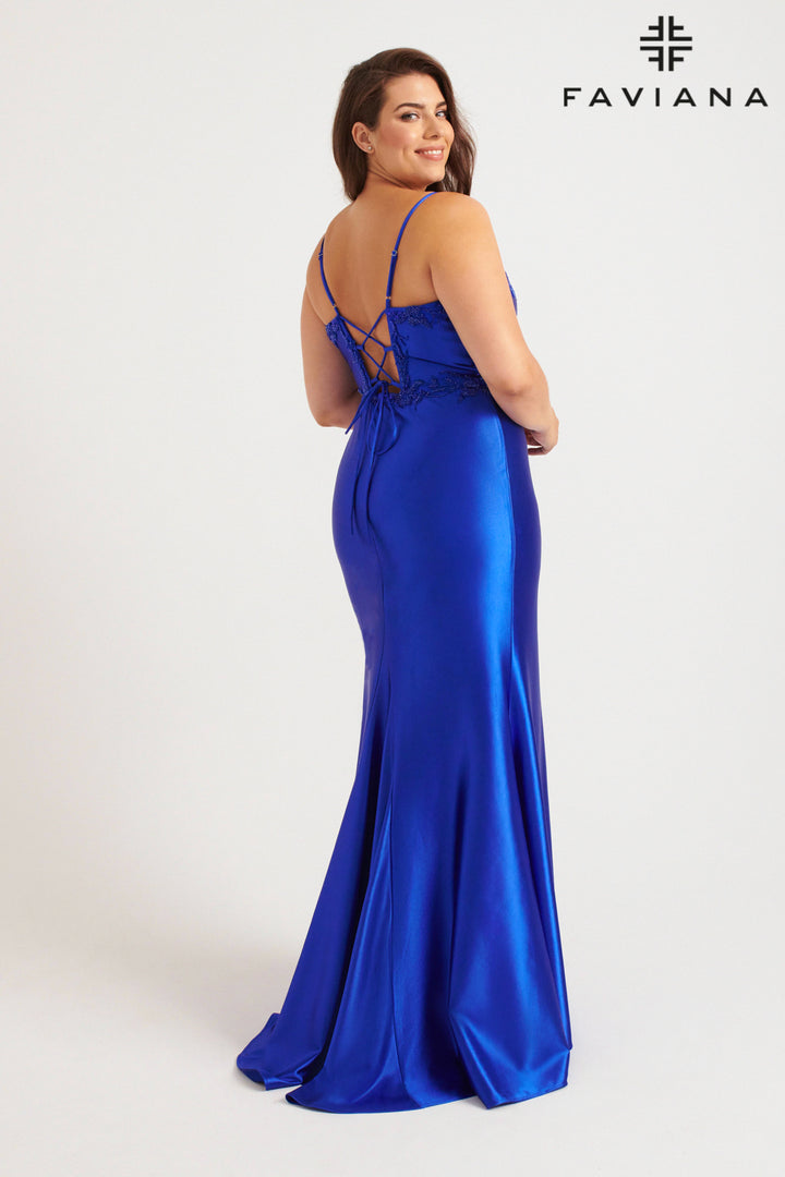 Plus Size Satin Fitted V-Neck Gown by Faviana 9562