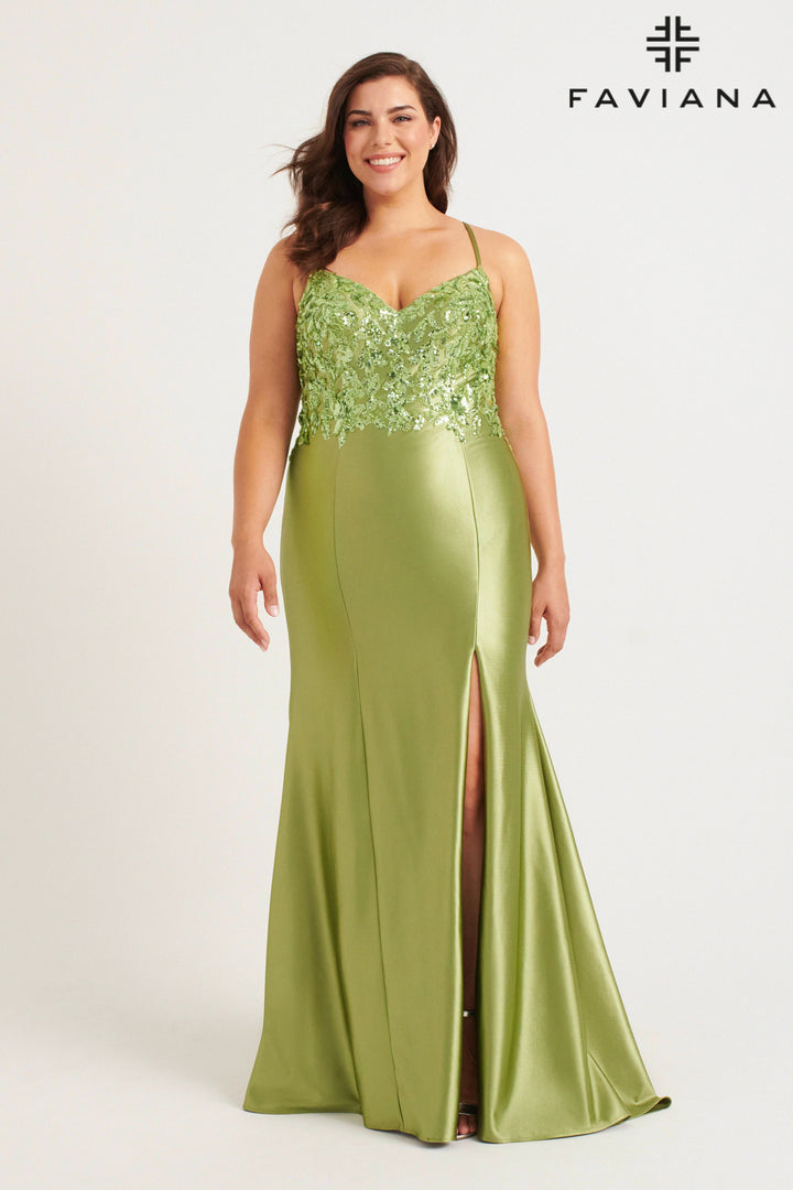 Plus Size Applique Satin Slit Gown by Faviana 9563