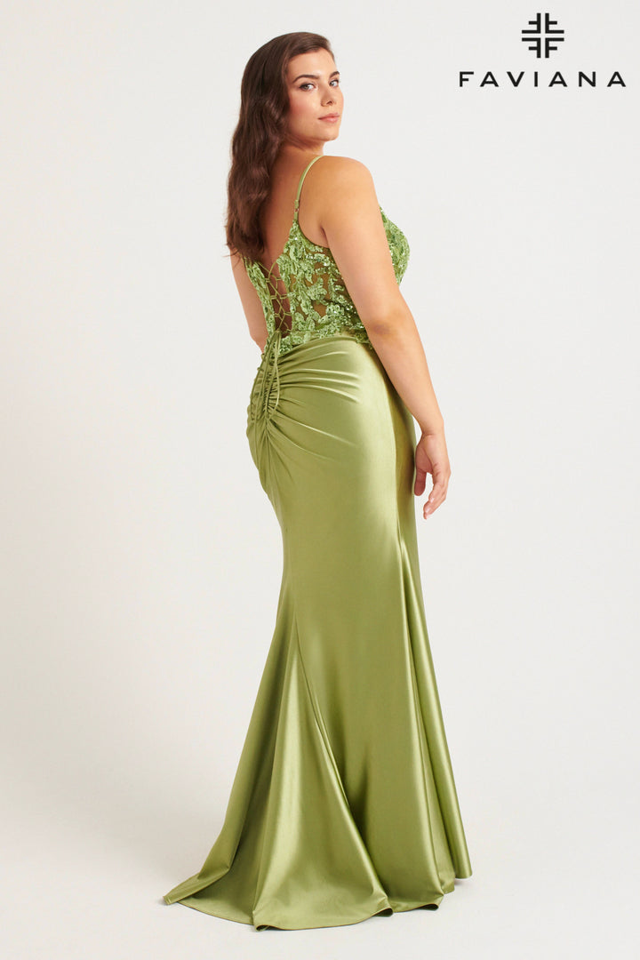 Plus Size Applique Satin Slit Gown by Faviana 9563