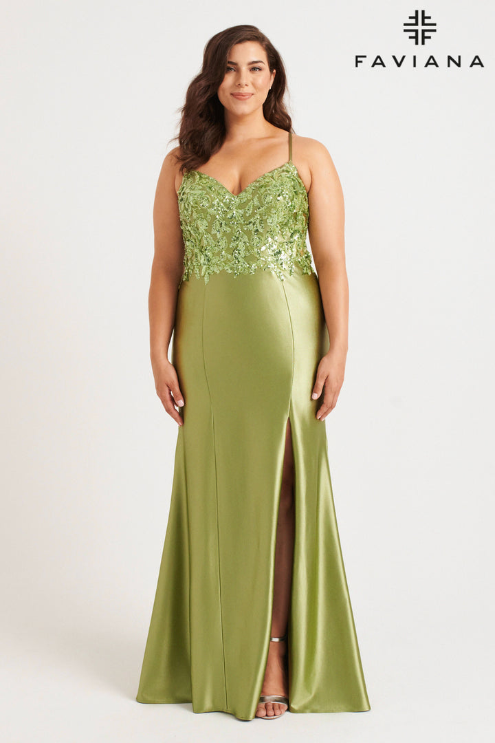 Plus Size Applique Satin Slit Gown by Faviana 9563