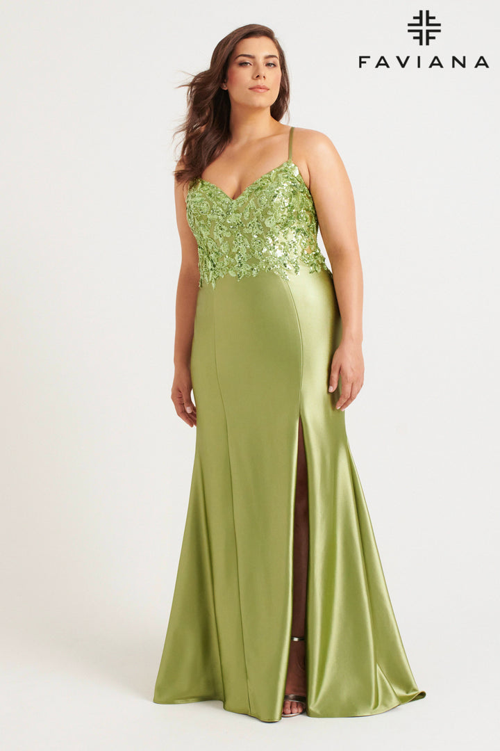 Plus Size Applique Satin Slit Gown by Faviana 9563